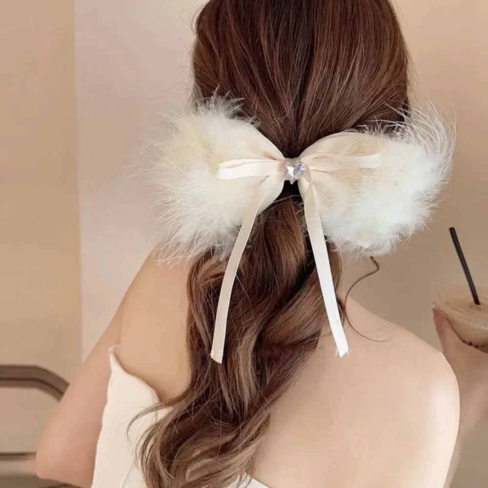 Oversized White Feather Bow French Barrette Hair Clip